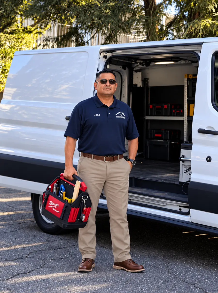 Jose Garcia standing beside the JG Home Improvement work van with his tool bag